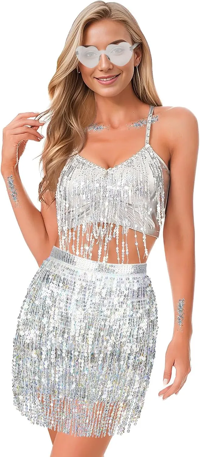 Sequin Skirt - Belly Dance Hip Scarf Sequin Tassel Skirt Fringe Skirt Rave with Heart Sunglasses and Face Glitter(One Size)