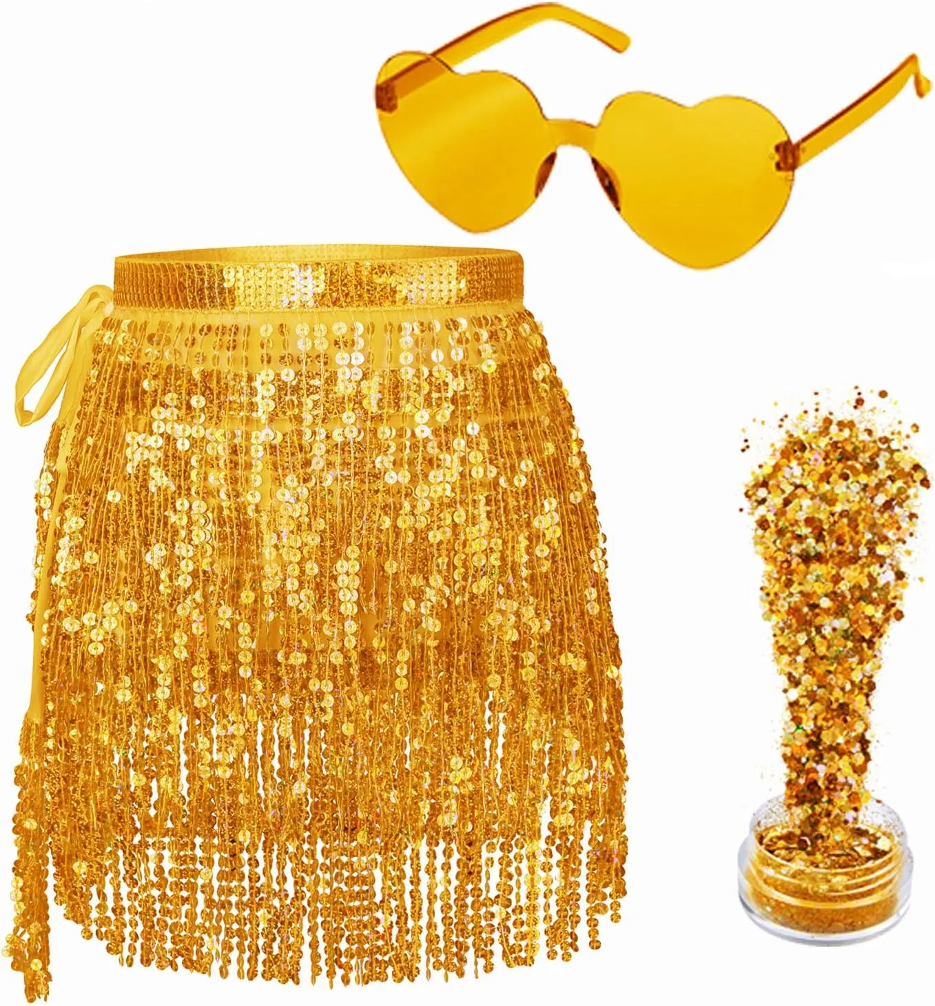 Sequin Skirt - Belly Dance Hip Scarf Sequin Tassel Skirt Fringe Skirt Rave with Heart Sunglasses and Face Glitter(One Size)