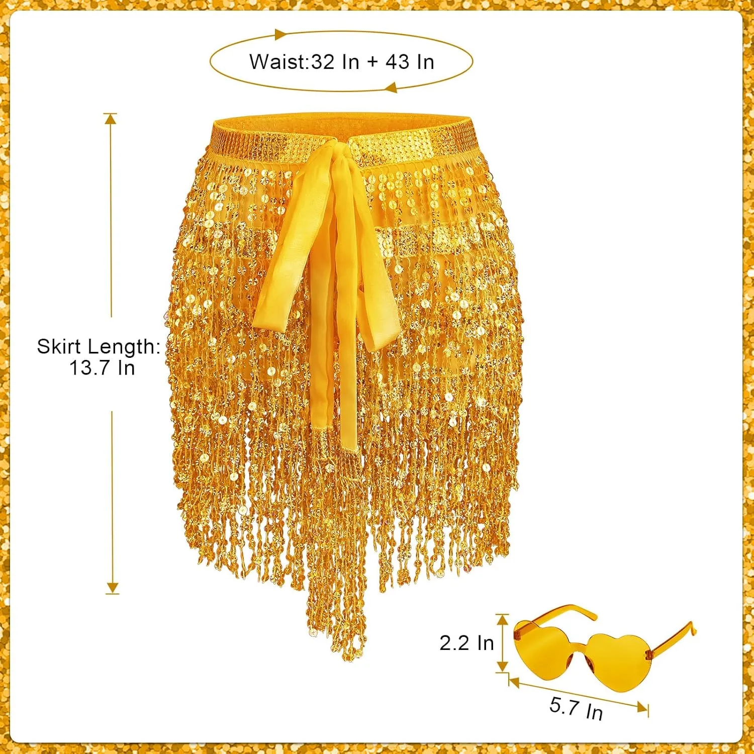 Sequin Skirt - Belly Dance Hip Scarf Sequin Tassel Skirt Fringe Skirt Rave with Heart Sunglasses and Face Glitter(One Size)