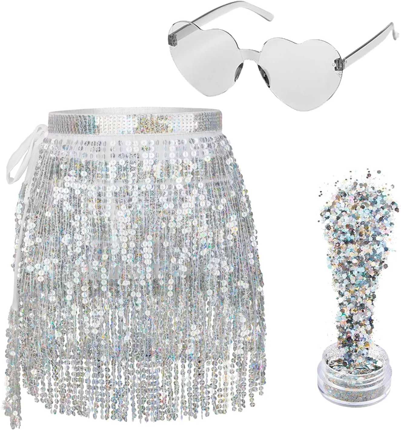Sequin Skirt - Belly Dance Hip Scarf Sequin Tassel Skirt Fringe Skirt Rave with Heart Sunglasses and Face Glitter(One Size)