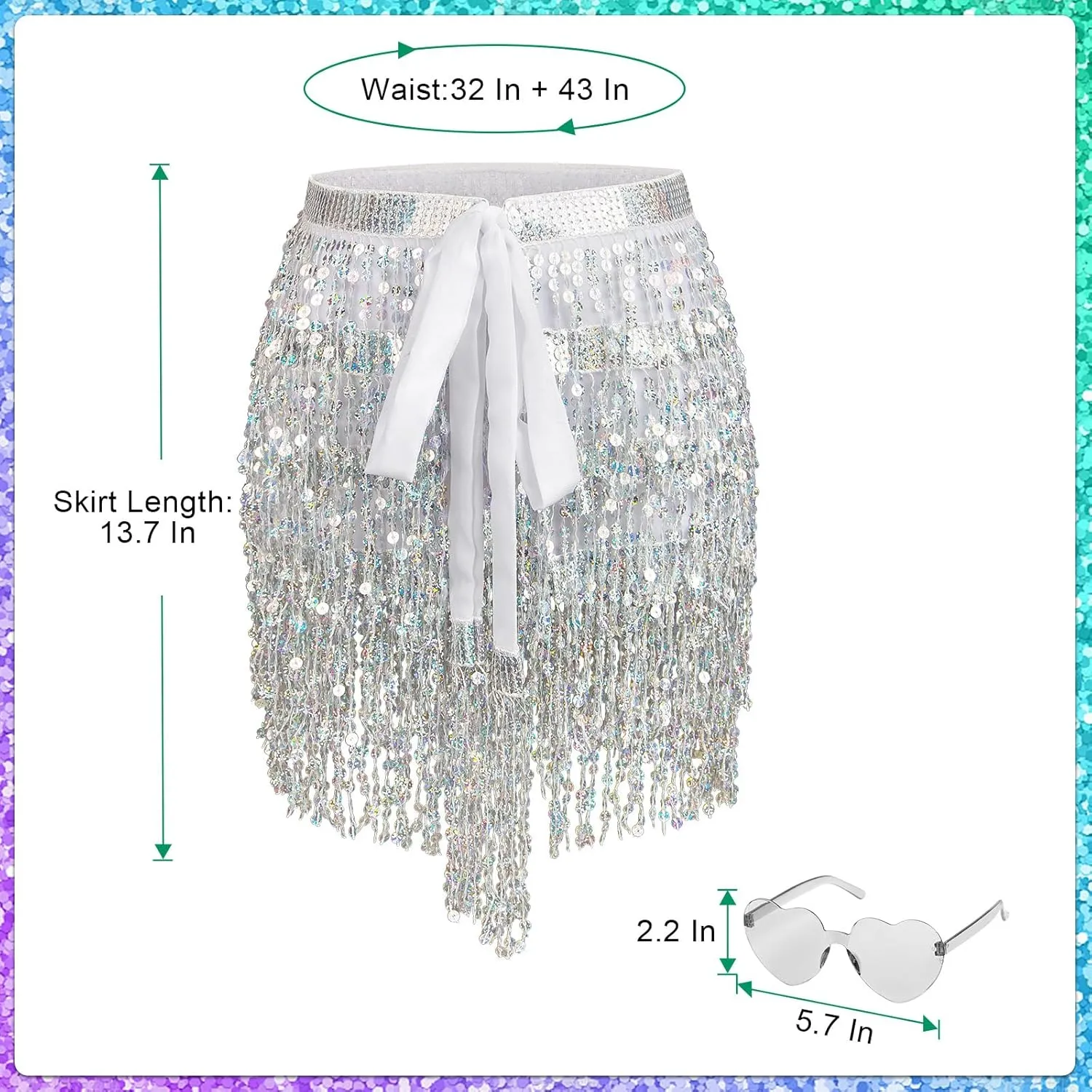 Sequin Skirt - Belly Dance Hip Scarf Sequin Tassel Skirt Fringe Skirt Rave with Heart Sunglasses and Face Glitter(One Size)