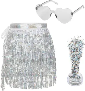 Sequin Skirt - Belly Dance Hip Scarf Sequin Tassel Skirt Fringe Skirt Rave with Heart Sunglasses and Face Glitter(One Size)