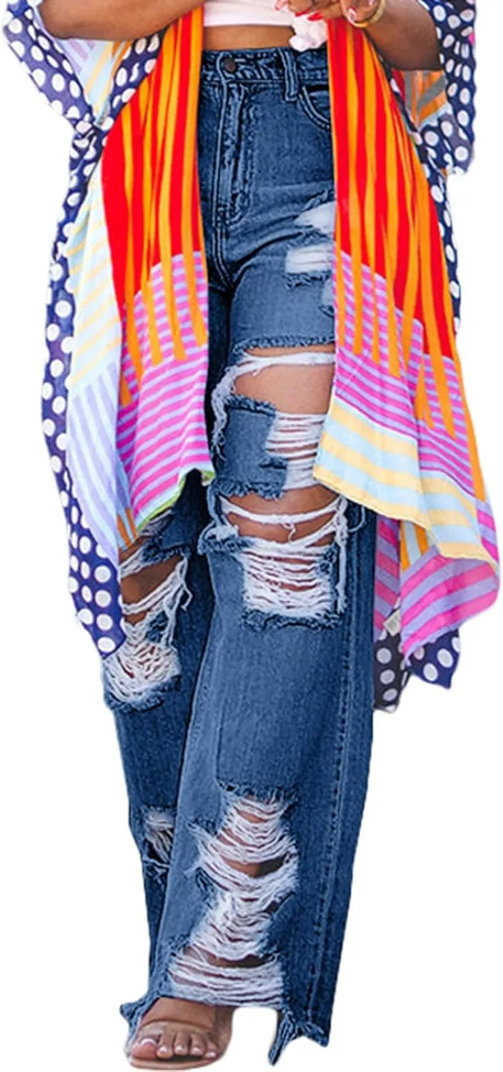 Sexyshine Women's High Waist Straight Leg Ripped Jeans Baggy Loose Distressed Cutout Raw Hem Tassel Long Denim Pants