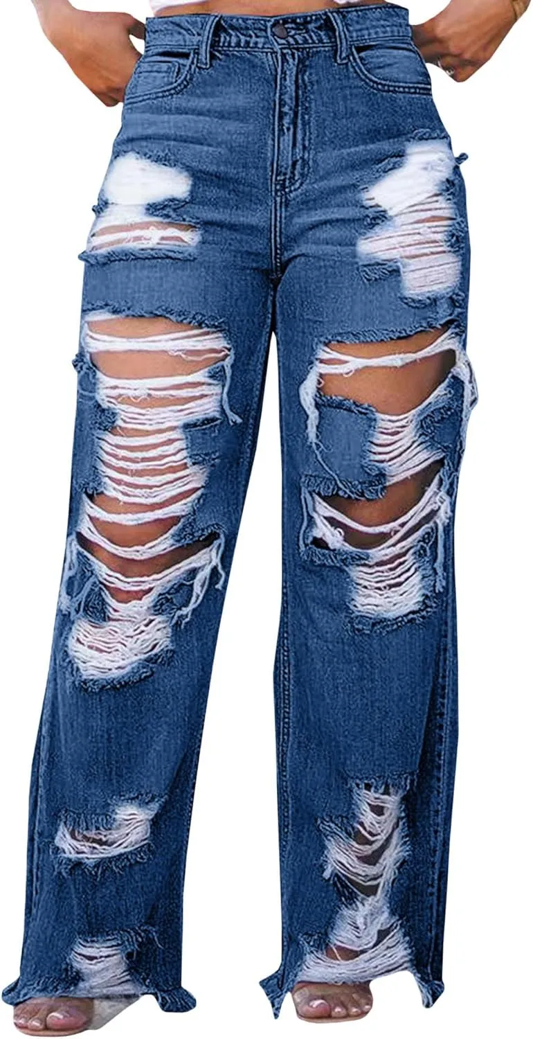 Sexyshine Women's High Waist Straight Leg Ripped Jeans Baggy Loose Distressed Cutout Raw Hem Tassel Long Denim Pants
