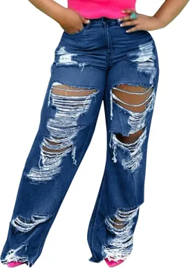 Sexyshine Women's High Waist Straight Leg Ripped Jeans Baggy Loose Distressed Cutout Raw Hem Tassel Long Denim Pants