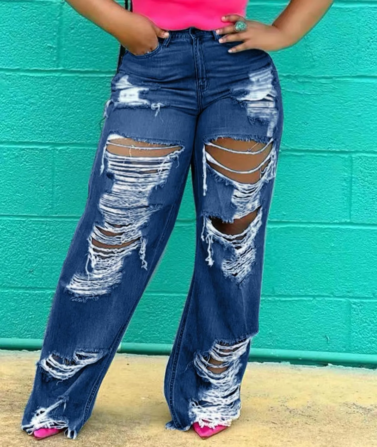 Sexyshine Women's High Waist Straight Leg Ripped Jeans Baggy Loose Distressed Cutout Raw Hem Tassel Long Denim Pants