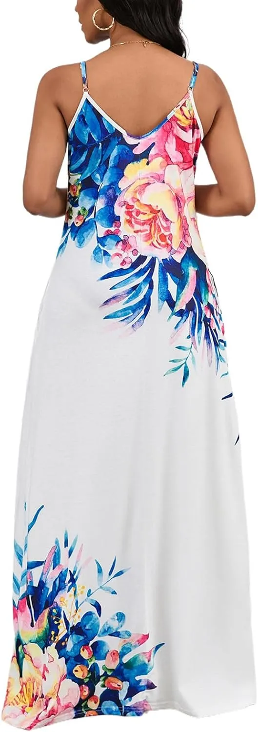 Summer Maxi Dress for Women 2025 Plus Size Casual Sexy Floral Sleeveless Vacation Long Sundresses with Pockets