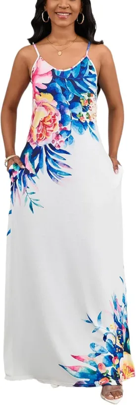 Summer Maxi Dress for Women 2025 Plus Size Casual Sexy Floral Sleeveless Vacation Long Sundresses with Pockets