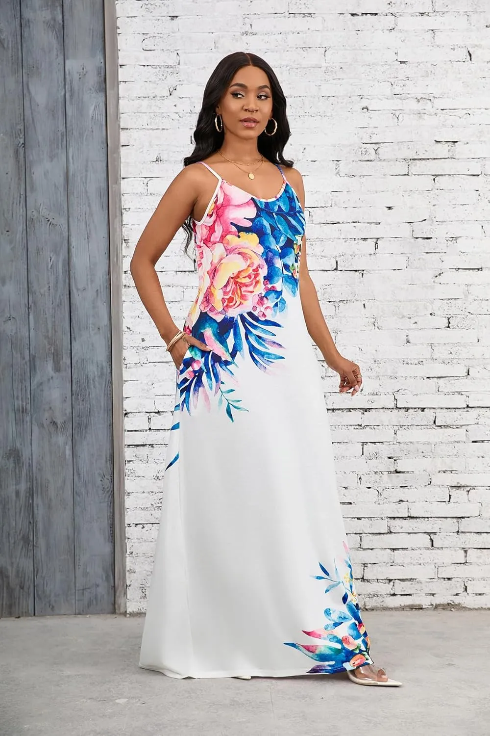 Summer Maxi Dress for Women 2025 Plus Size Casual Sexy Floral Sleeveless Vacation Long Sundresses with Pockets