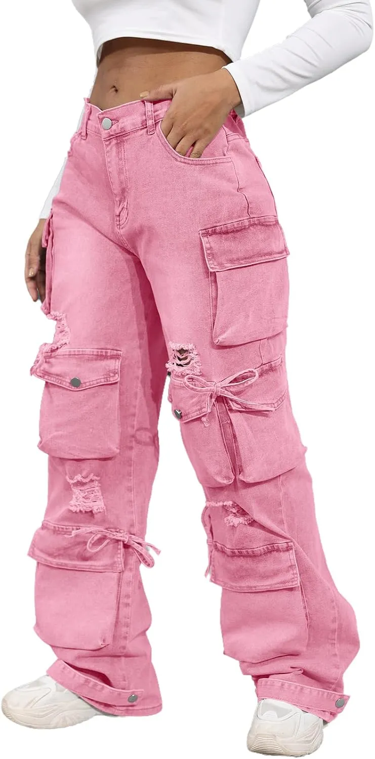ThusFar Women's High Waist Baggy Jeans Flap Pocket Cargo Pants Loose Denim Pants Streetwear