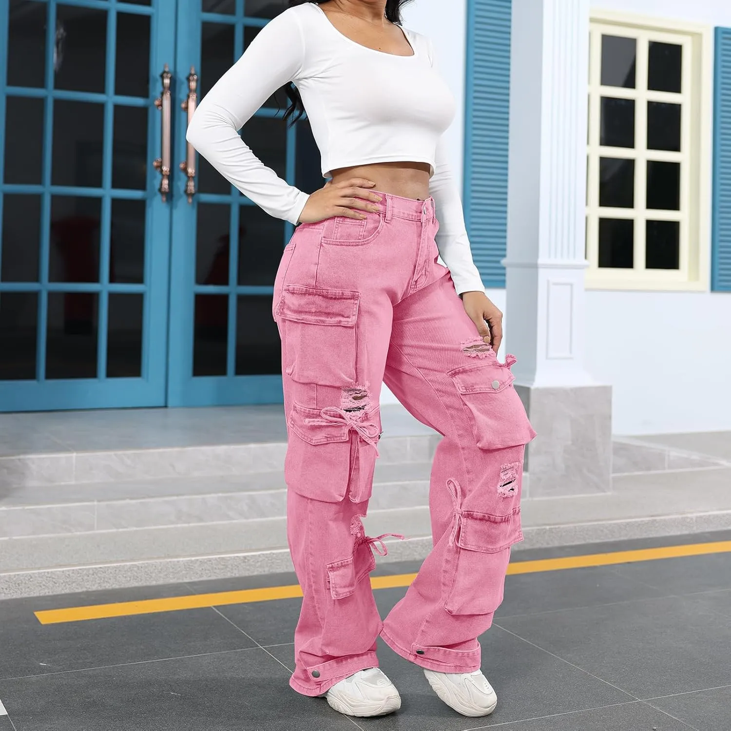 ThusFar Women's High Waist Baggy Jeans Flap Pocket Cargo Pants Loose Denim Pants Streetwear
