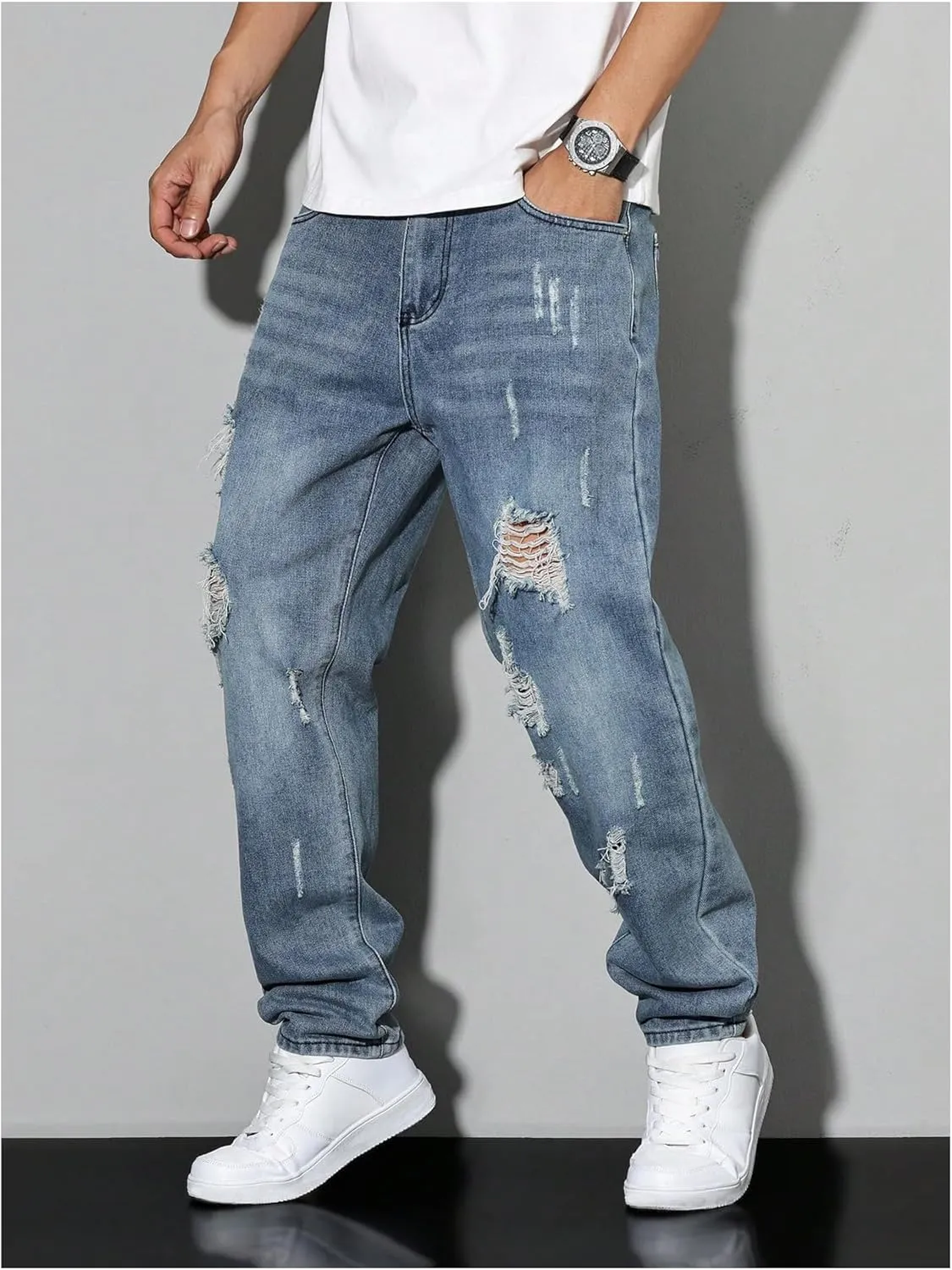 Verdusa Men's Vintage Distressed Ripped Jeans Straight Leg Denim Pants with Pockets