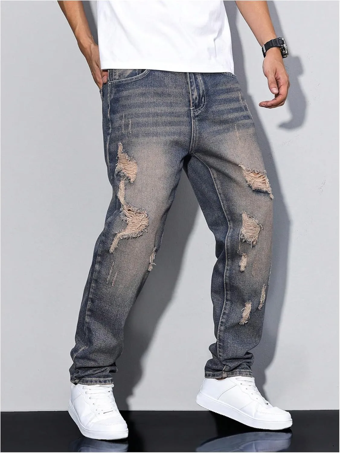 Verdusa Men's Vintage Distressed Ripped Jeans Straight Leg Denim Pants with Pockets