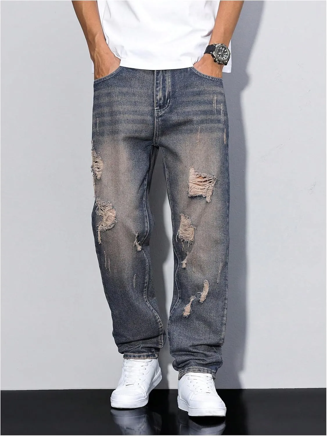 Verdusa Men's Vintage Distressed Ripped Jeans Straight Leg Denim Pants with Pockets