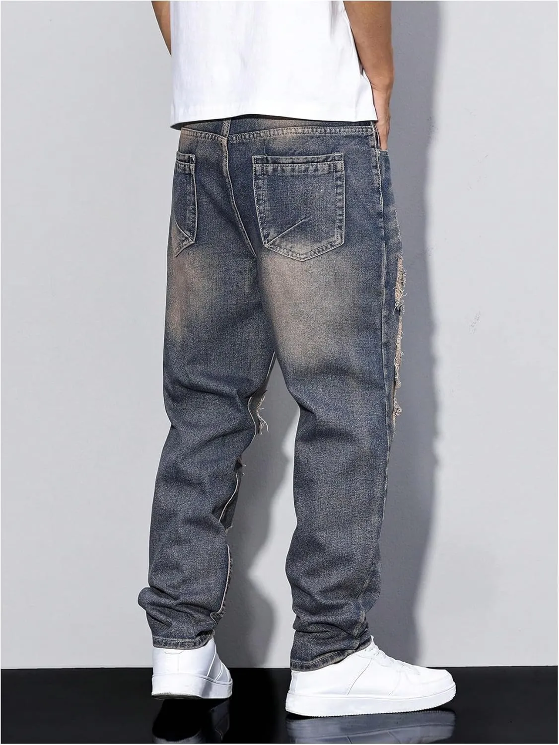 Verdusa Men's Vintage Distressed Ripped Jeans Straight Leg Denim Pants with Pockets