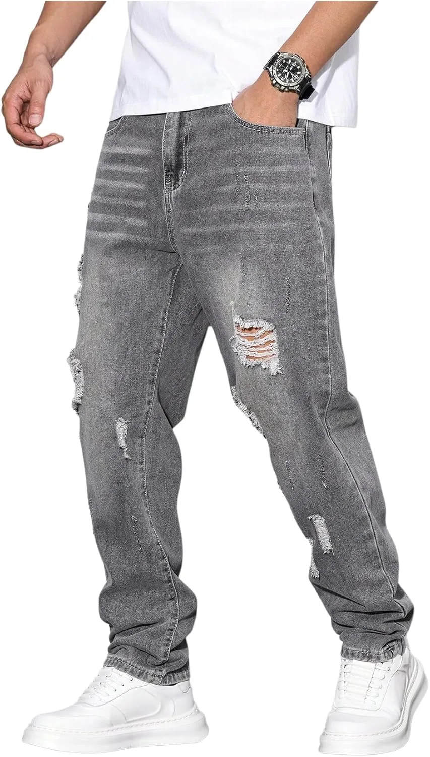 Verdusa Men's Vintage Distressed Ripped Jeans Straight Leg Denim Pants with Pockets