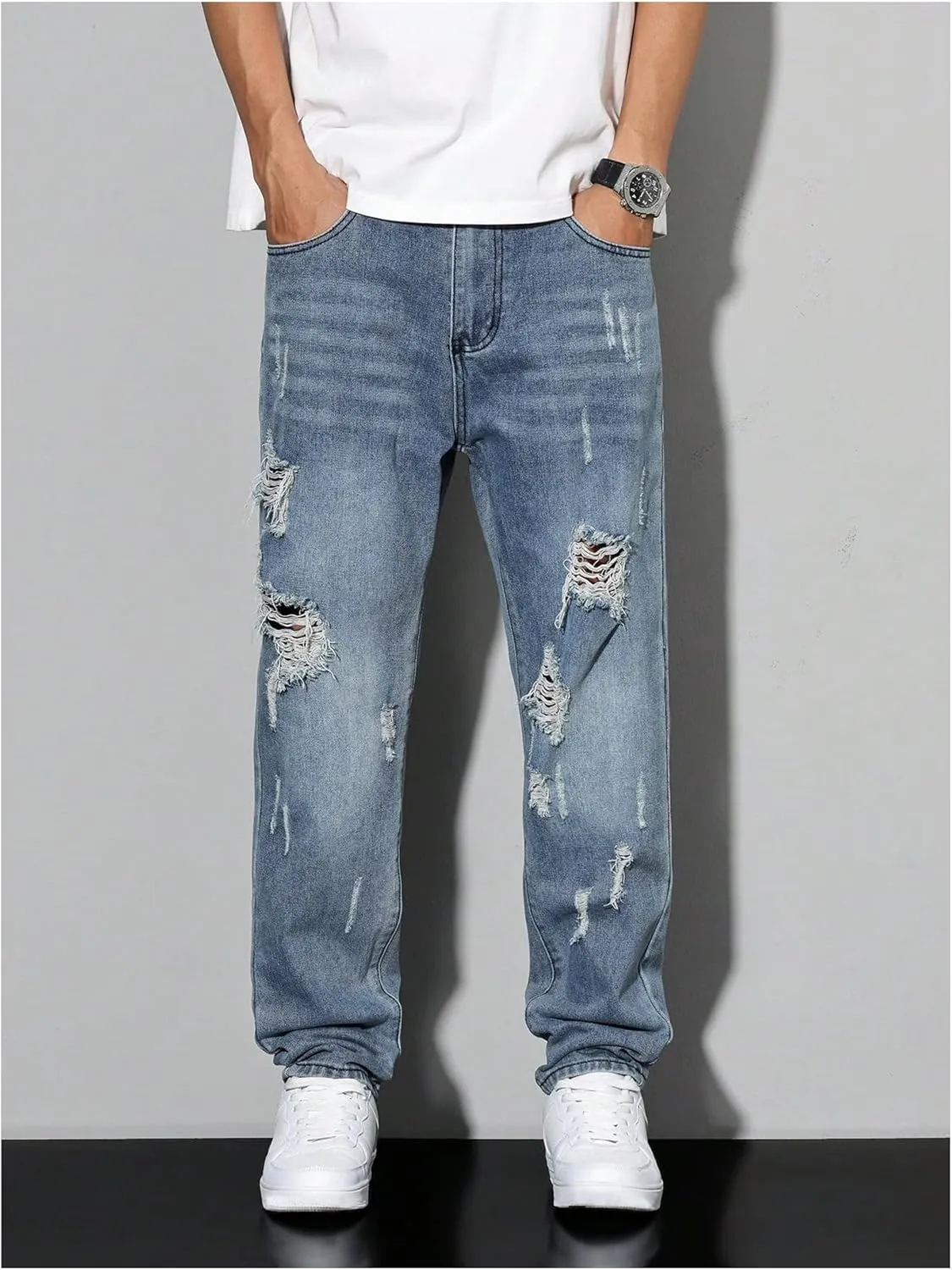 Verdusa Men's Vintage Distressed Ripped Jeans Straight Leg Denim Pants with Pockets
