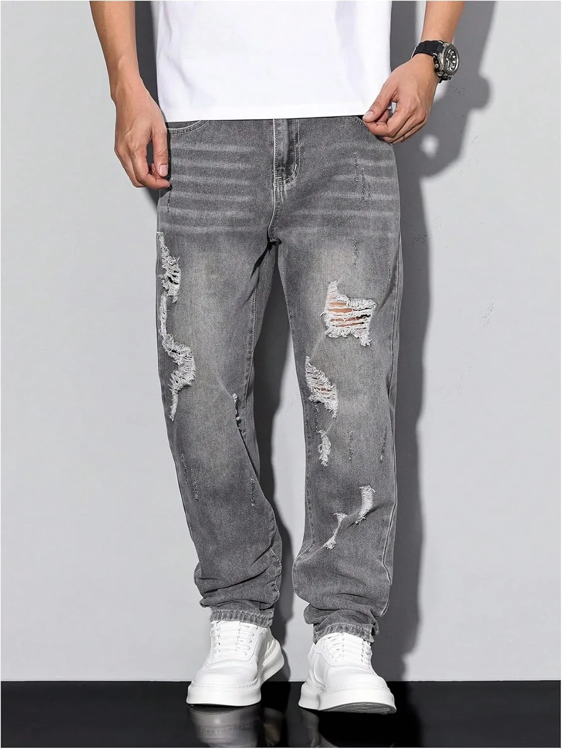 Verdusa Men's Vintage Distressed Ripped Jeans Straight Leg Denim Pants with Pockets