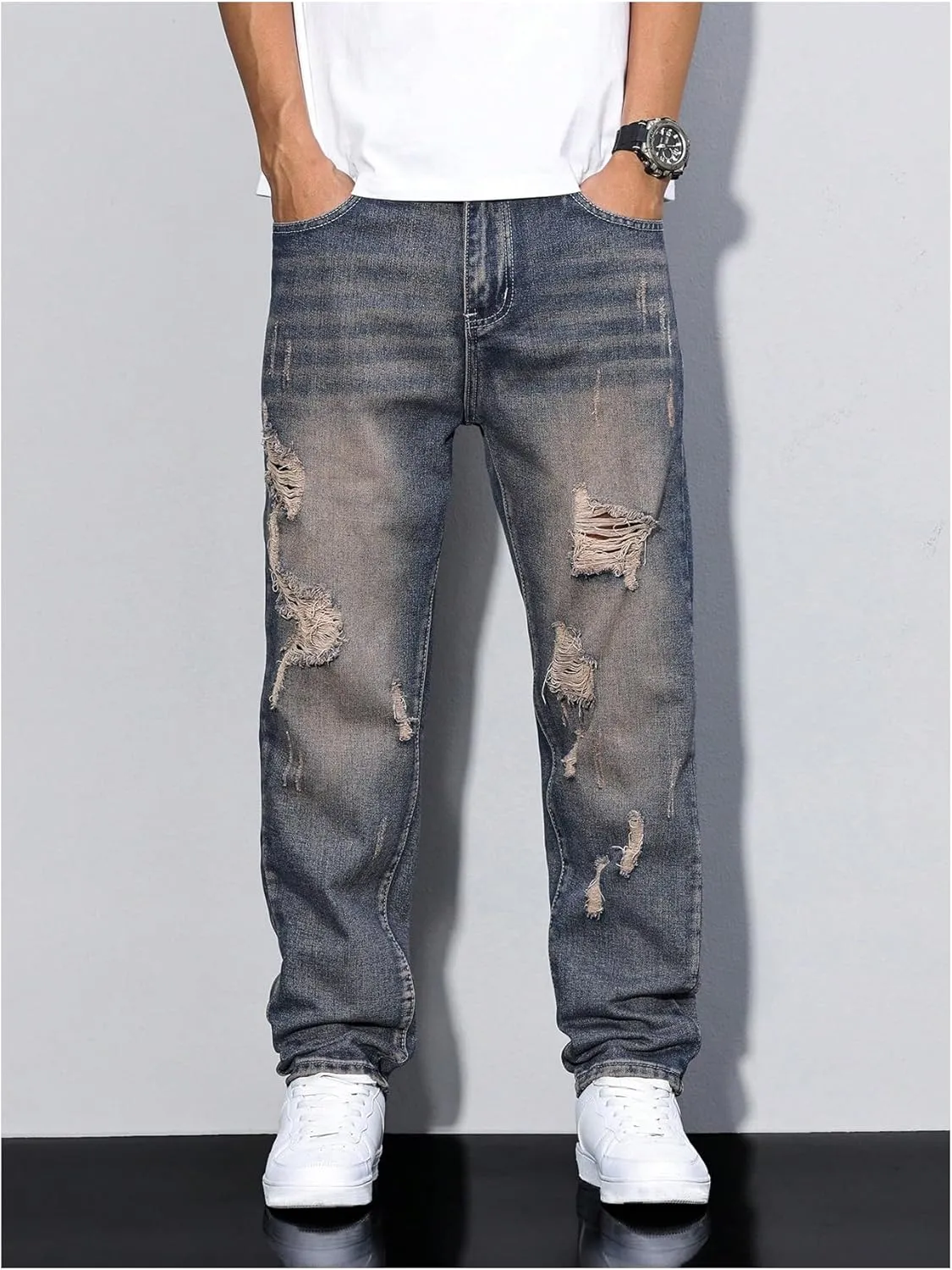 Verdusa Men's Vintage Distressed Ripped Jeans Straight Leg Denim Pants with Pockets