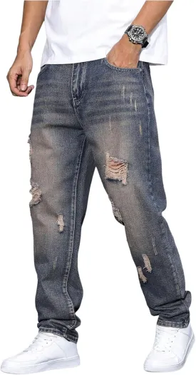 Verdusa Men's Vintage Distressed Ripped Jeans Straight Leg Denim Pants with Pockets