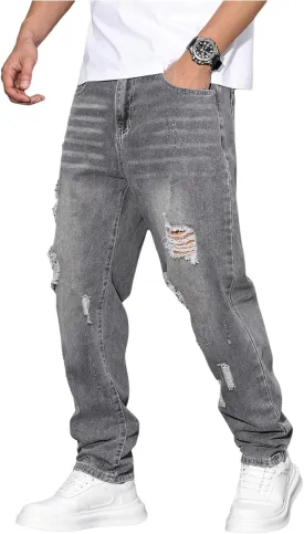 Verdusa Men's Vintage Distressed Ripped Jeans Straight Leg Denim Pants with Pockets