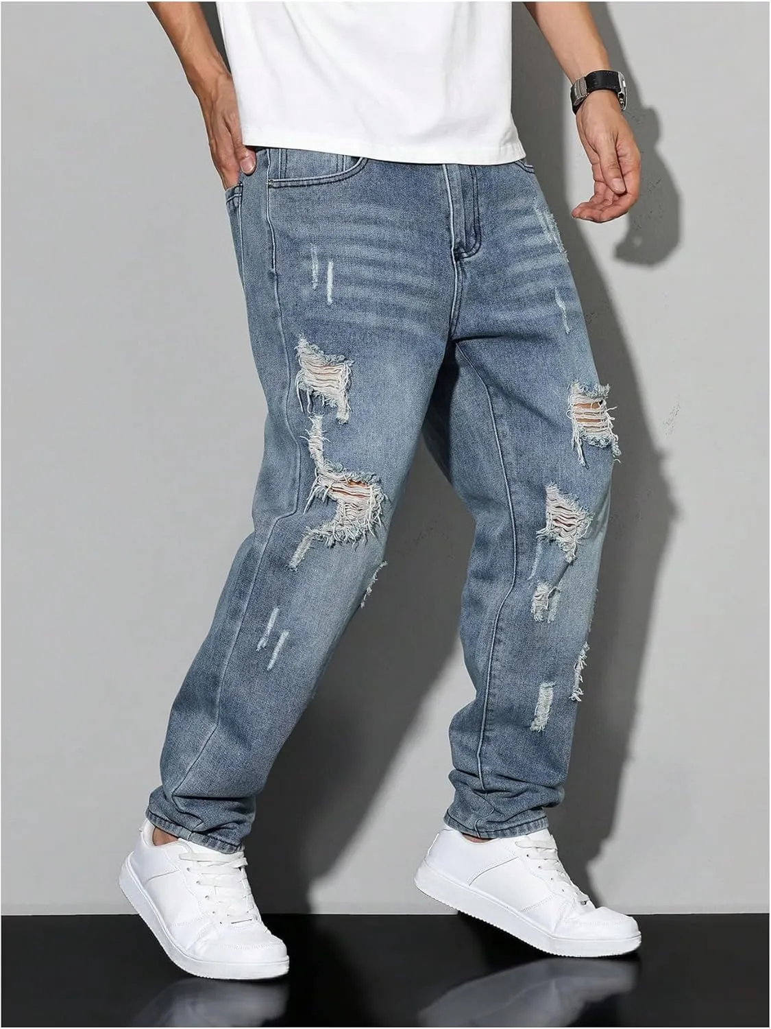Verdusa Men's Vintage Distressed Ripped Jeans Straight Leg Denim Pants with Pockets
