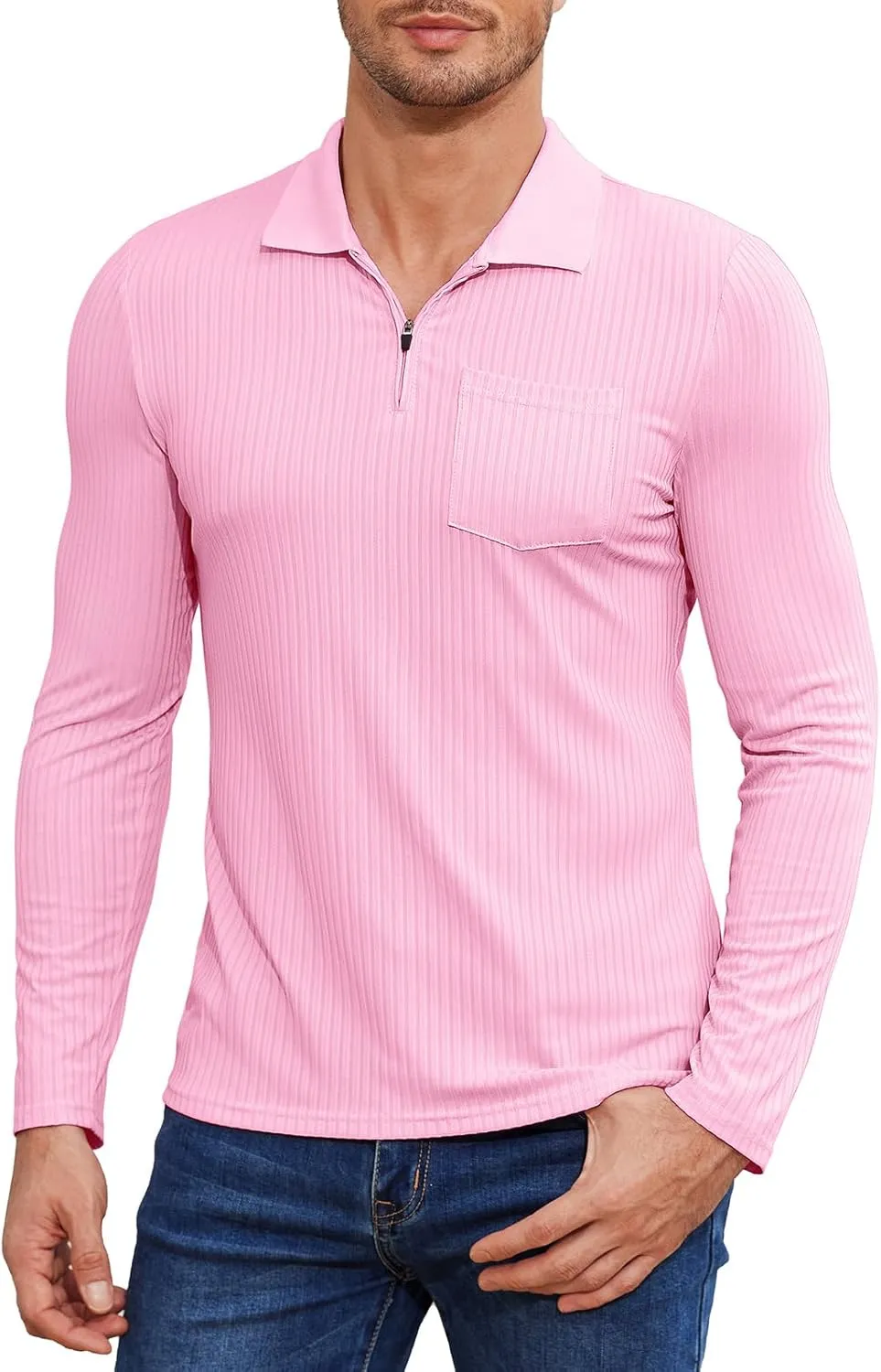Viracy Men's Polo Shirts Zip Up Slim Fit Stretch Muscle Shirt for Men Long Sleeve Golf Shirt S-3XL