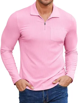 Viracy Men's Polo Shirts Zip Up Slim Fit Stretch Muscle Shirt for Men Long Sleeve Golf Shirt S-3XL