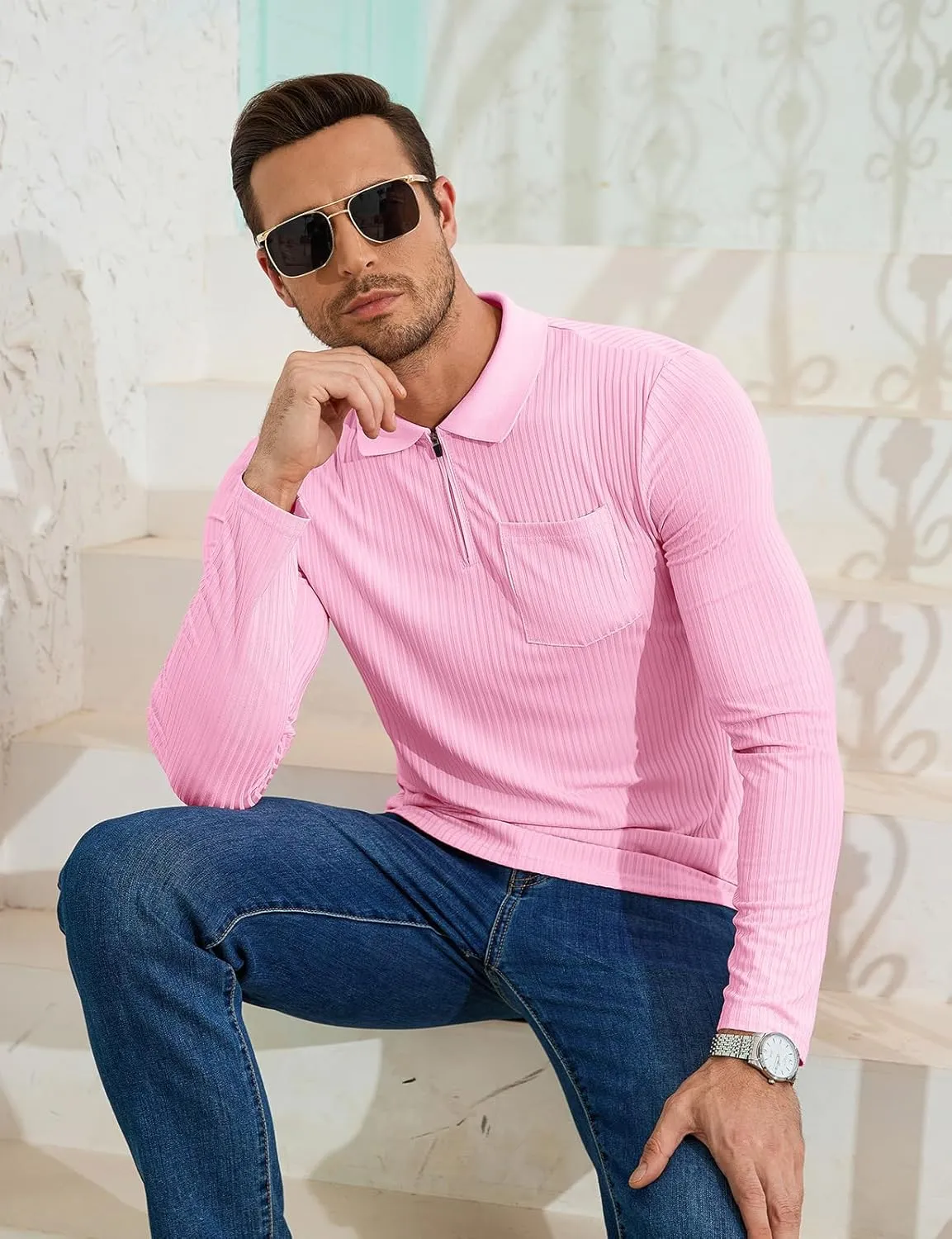Viracy Men's Polo Shirts Zip Up Slim Fit Stretch Muscle Shirt for Men Long Sleeve Golf Shirt S-3XL