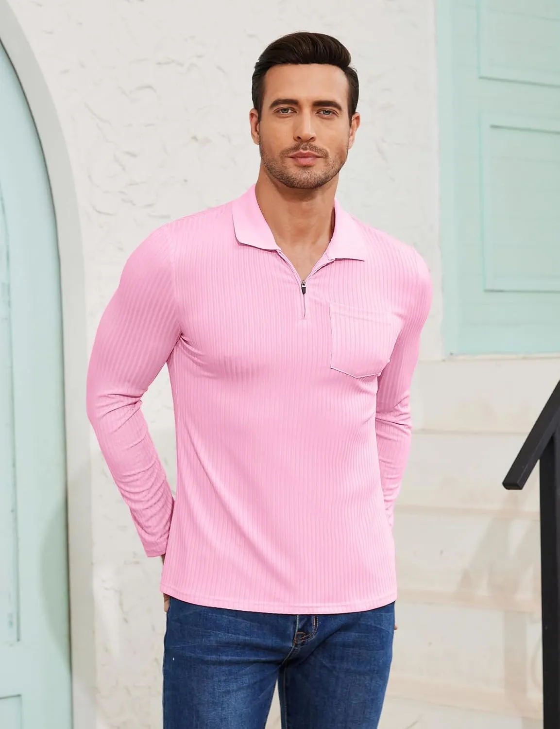 Viracy Men's Polo Shirts Zip Up Slim Fit Stretch Muscle Shirt for Men Long Sleeve Golf Shirt S-3XL