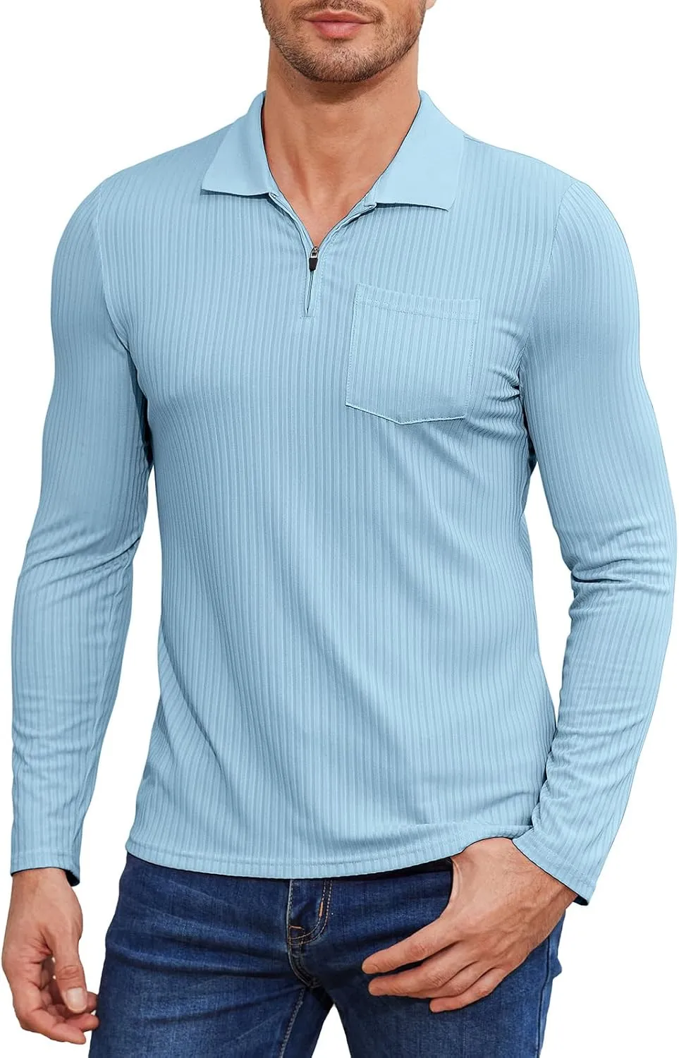 Viracy Men's Polo Shirts Zip Up Slim Fit Stretch Muscle Shirt for Men Long Sleeve Golf Shirt S-3XL