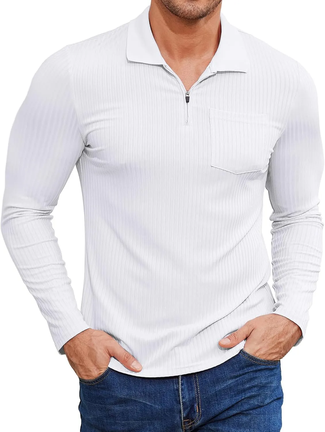 Viracy Men's Polo Shirts Zip Up Slim Fit Stretch Muscle Shirt for Men Long Sleeve Golf Shirt S-3XL