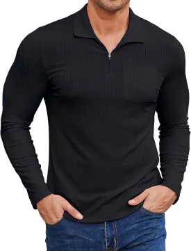 Viracy Men's Polo Shirts Zip Up Slim Fit Stretch Muscle Shirt for Men Long Sleeve Golf Shirt S-3XL