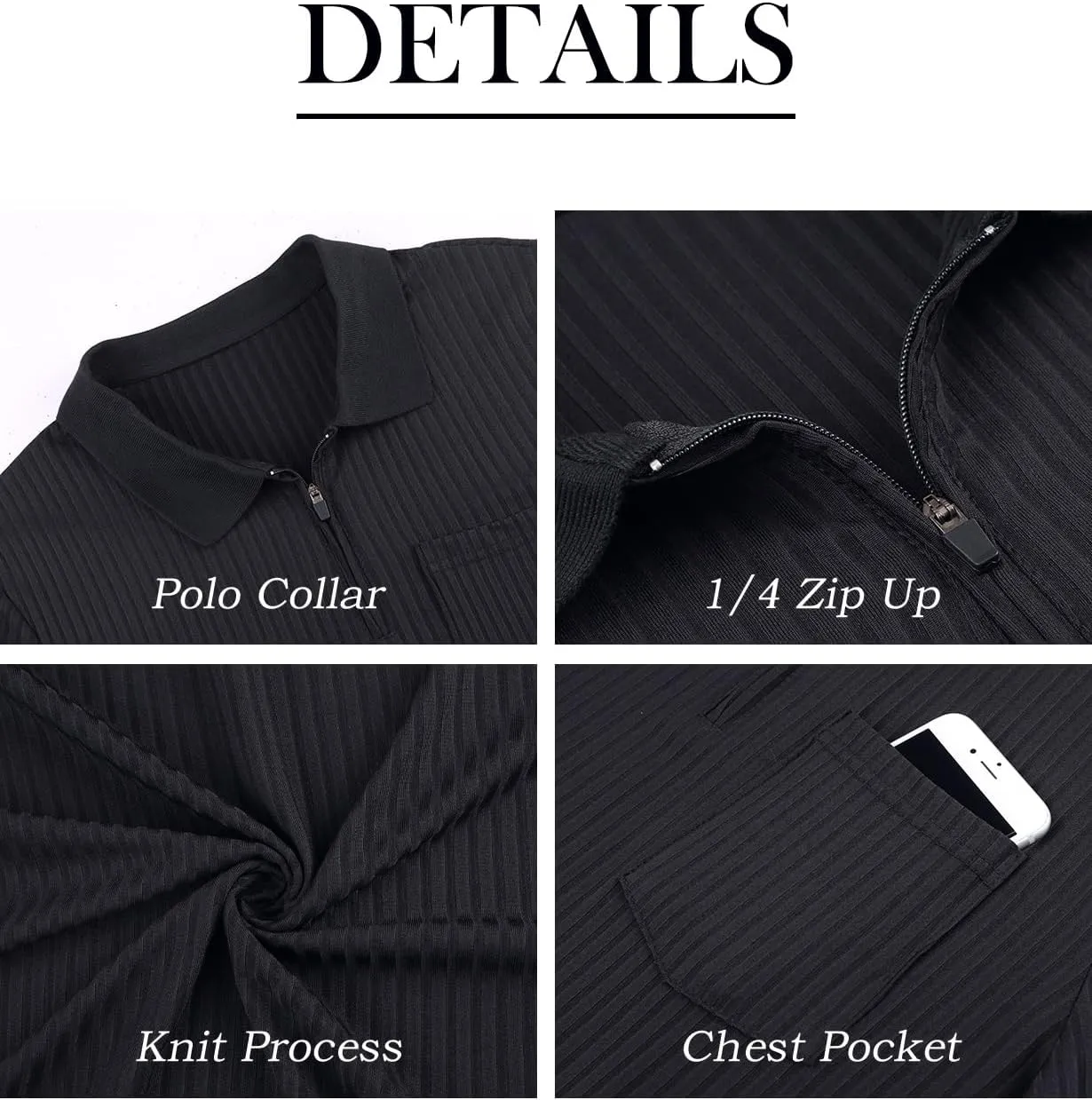 Viracy Men's Polo Shirts Zip Up Slim Fit Stretch Muscle Shirt for Men Long Sleeve Golf Shirt S-3XL