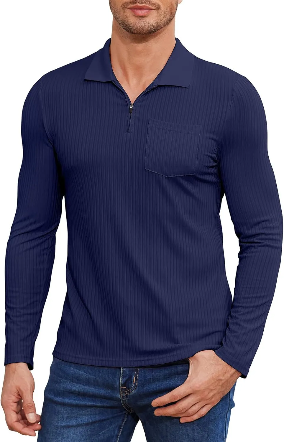 Viracy Men's Polo Shirts Zip Up Slim Fit Stretch Muscle Shirt for Men Long Sleeve Golf Shirt S-3XL