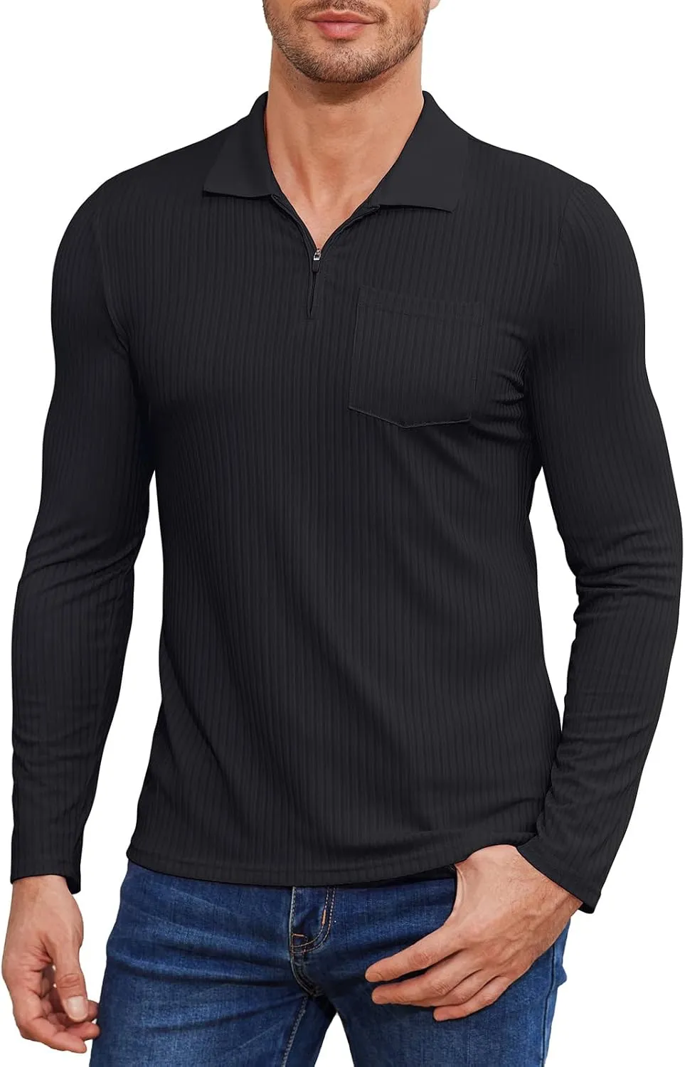 Viracy Men's Polo Shirts Zip Up Slim Fit Stretch Muscle Shirt for Men Long Sleeve Golf Shirt S-3XL