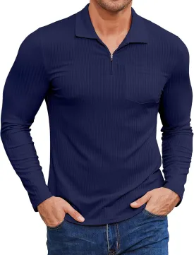 Viracy Men's Polo Shirts Zip Up Slim Fit Stretch Muscle Shirt for Men Long Sleeve Golf Shirt S-3XL