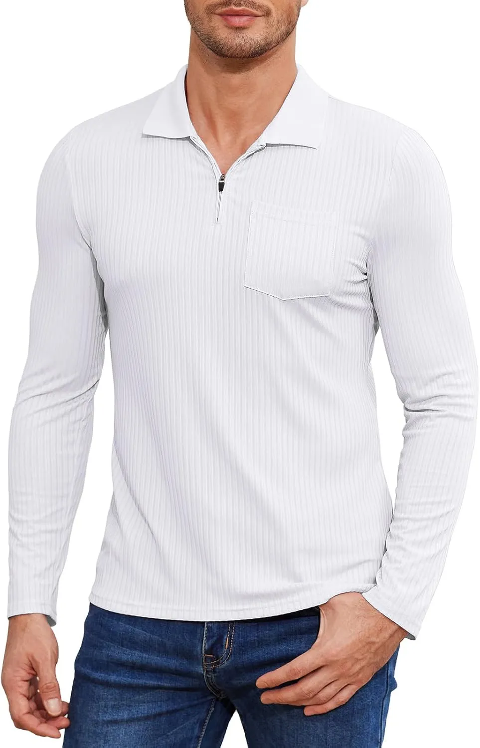 Viracy Men's Polo Shirts Zip Up Slim Fit Stretch Muscle Shirt for Men Long Sleeve Golf Shirt S-3XL