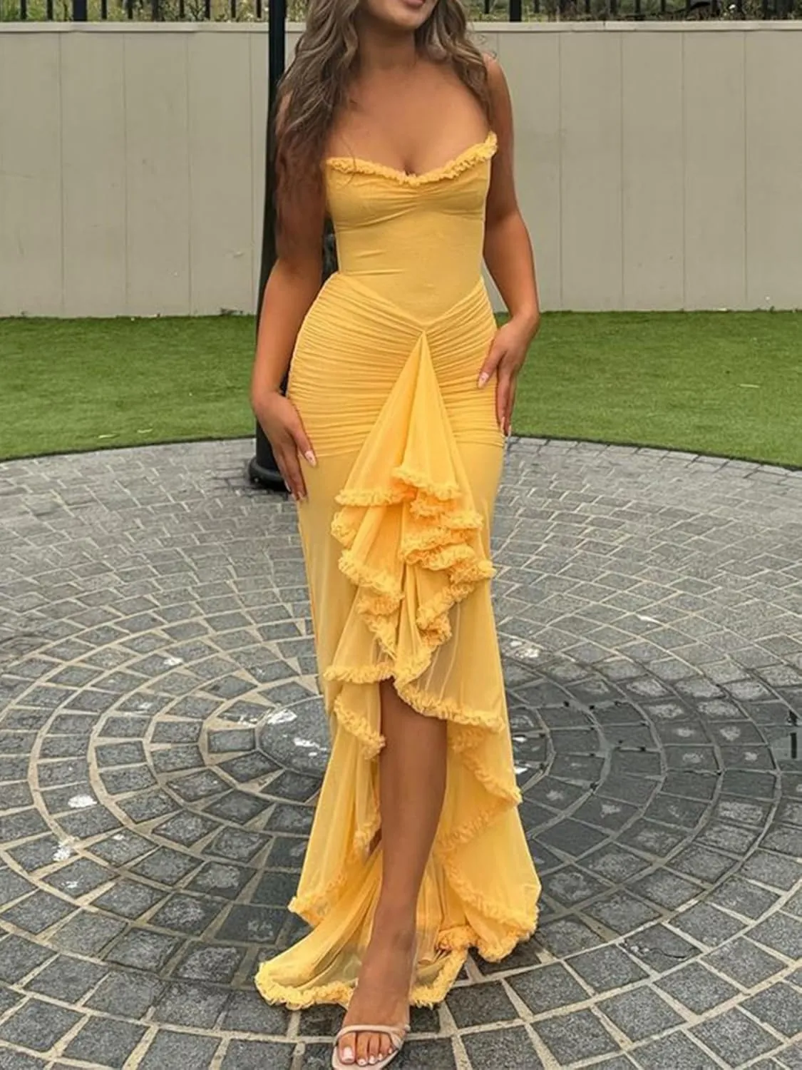 Voghtic Women's Sexy Ruched Mesh Ruffle Hem Bodycon Wedding Guest Dress Spaghetti Strap Slit Party Cocktail Maxi Dresses
