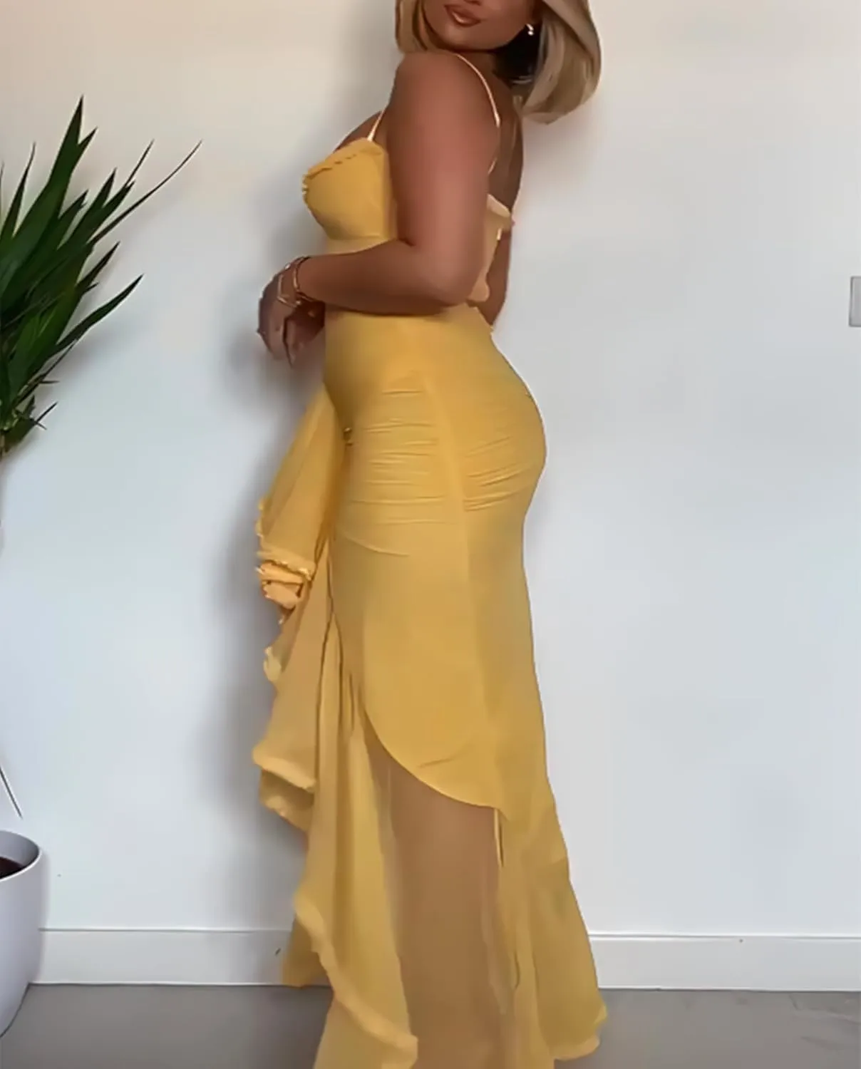 Voghtic Women's Sexy Ruched Mesh Ruffle Hem Bodycon Wedding Guest Dress Spaghetti Strap Slit Party Cocktail Maxi Dresses