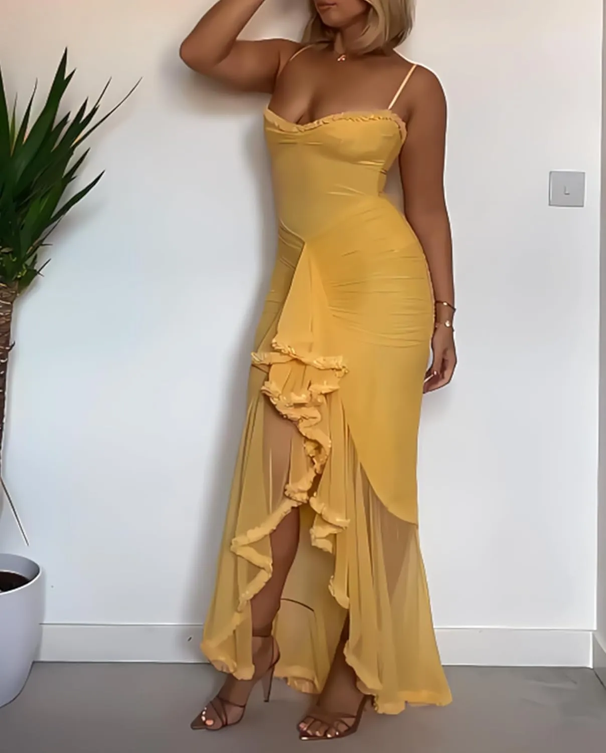 Voghtic Women's Sexy Ruched Mesh Ruffle Hem Bodycon Wedding Guest Dress Spaghetti Strap Slit Party Cocktail Maxi Dresses
