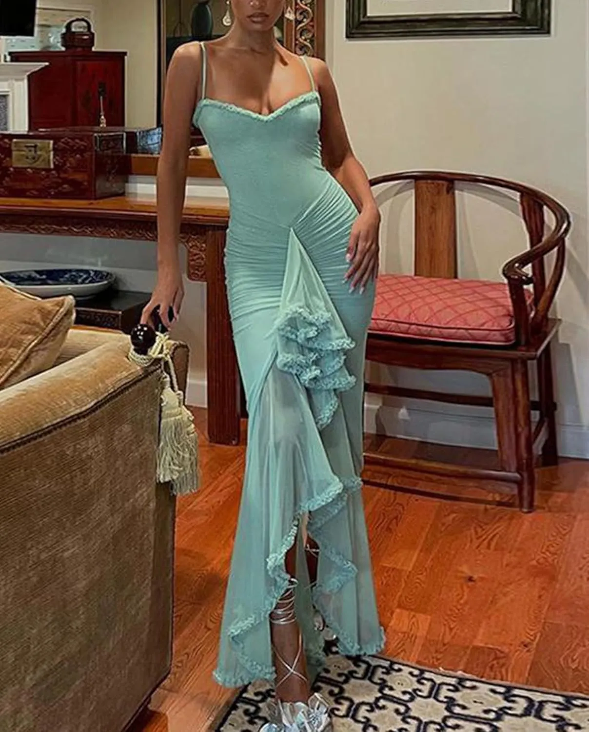 Voghtic Women's Sexy Ruched Mesh Ruffle Hem Bodycon Wedding Guest Dress Spaghetti Strap Slit Party Cocktail Maxi Dresses