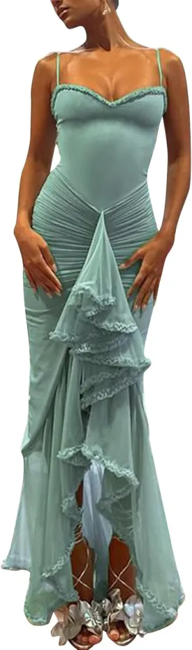Voghtic Women's Sexy Ruched Mesh Ruffle Hem Bodycon Wedding Guest Dress Spaghetti Strap Slit Party Cocktail Maxi Dresses