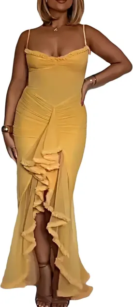 Voghtic Women's Sexy Ruched Mesh Ruffle Hem Bodycon Wedding Guest Dress Spaghetti Strap Slit Party Cocktail Maxi Dresses