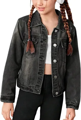 WDIRARA Girl's Ripped Flap Pocket Button Front Long Sleeve Collared Denim Jacket