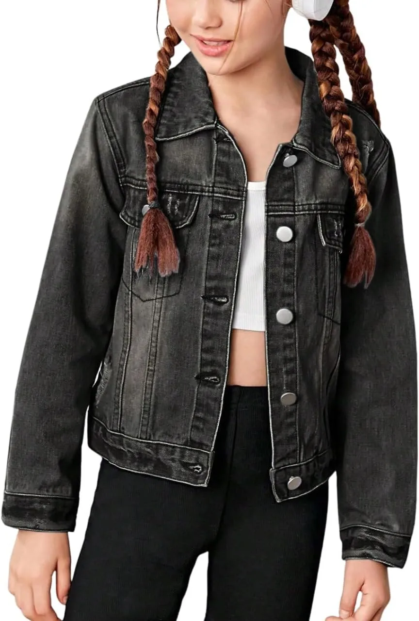 WDIRARA Girl's Ripped Flap Pocket Button Front Long Sleeve Collared Denim Jacket