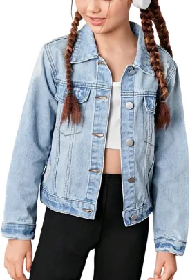 WDIRARA Girl's Ripped Flap Pocket Button Front Long Sleeve Collared Denim Jacket