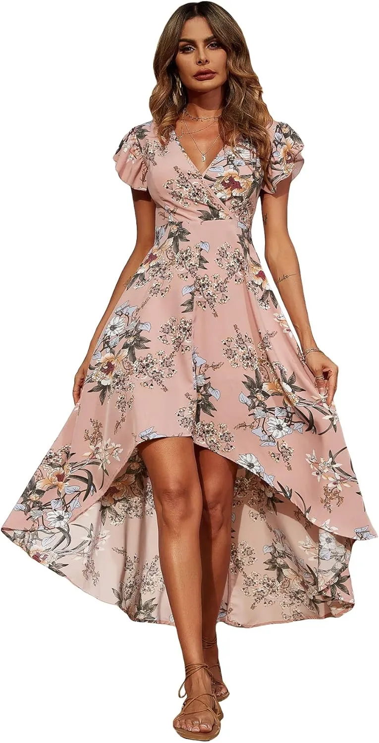 WDIRARA Women's Floral Print Wrap Butterfly Sleeve Ruffle Hem High Low Dress