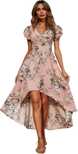 WDIRARA Women's Floral Print Wrap Butterfly Sleeve Ruffle Hem High Low Dress