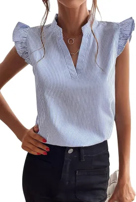 WDIRARA Women's Striped Ruffle Cap Sleeve Notched V Neck Blouse Top Shirt
